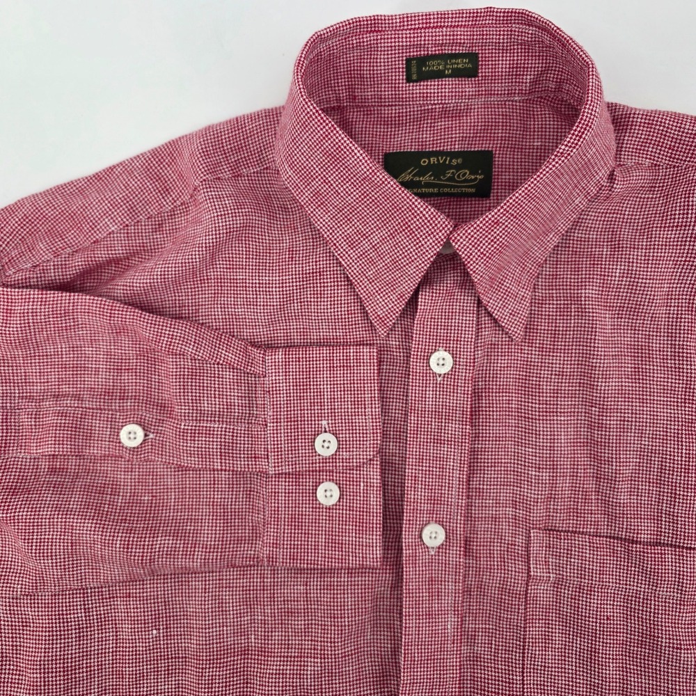 Orvis Linen‎ Blend Long Sleeve Button Up Shirt Mens Red White Gingham Check